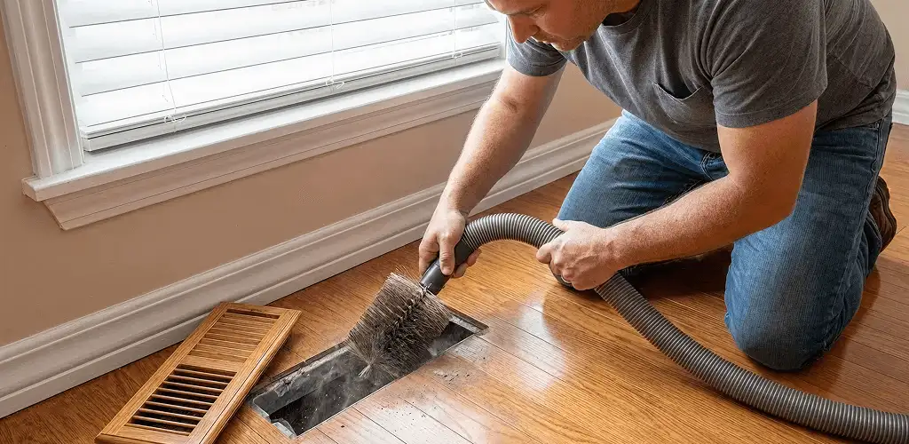 Air duct cleaning technician vacuuming a floor vent and duct opening in Raleigh, NC