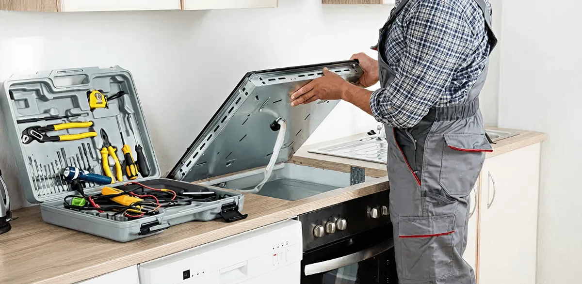 Handyman repairing a cooktop and checking wiring connections in Raleigh, NC