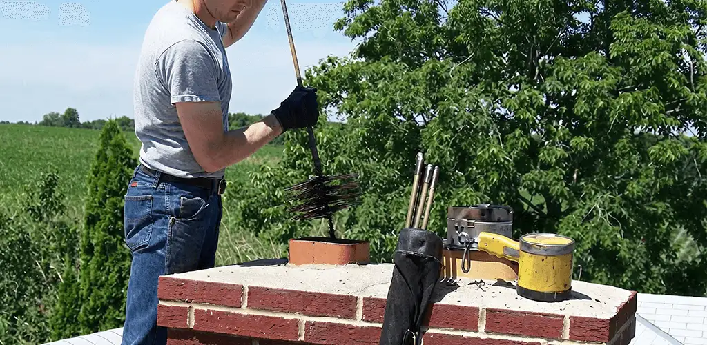 Chimney cleaning technician working on a rooftop chimney with professional tools in Raleigh, NC