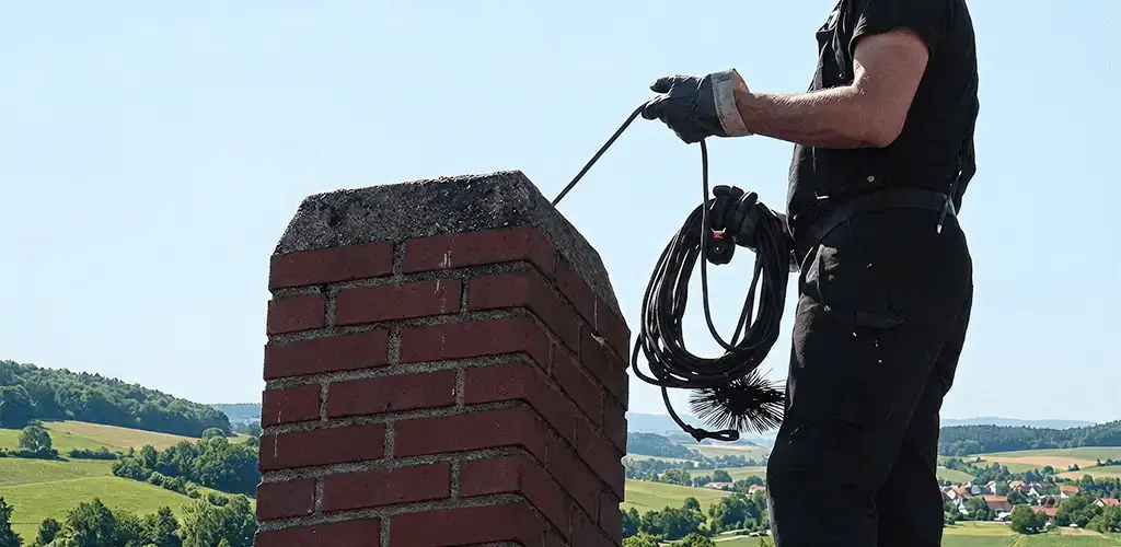 Chimney sweep inspecting and cleaning a rooftop chimney in Raleigh, NC