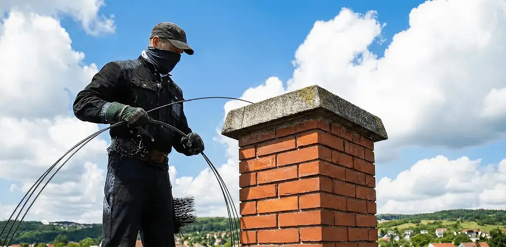 Chimney sweep cleaning a brick chimney with professional tools in Raleigh, NC
