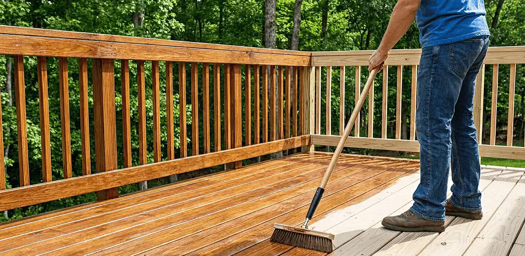 Deck staining and sealing application on a wood deck in Raleigh, NC