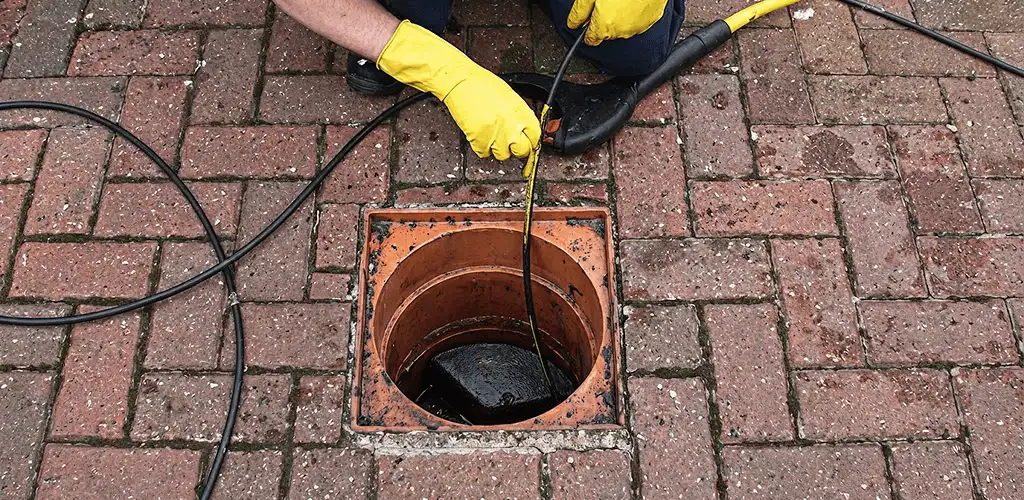 Drain cleaning technician using a drain snake to clear a clogged drain in Raleigh, NC