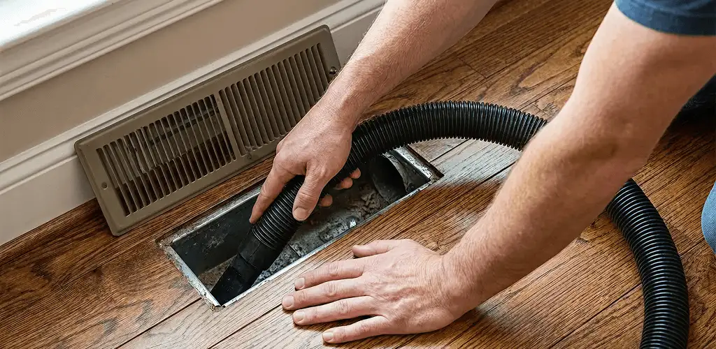 Air duct cleaning technician vacuuming a floor register and duct opening in Raleigh, NC