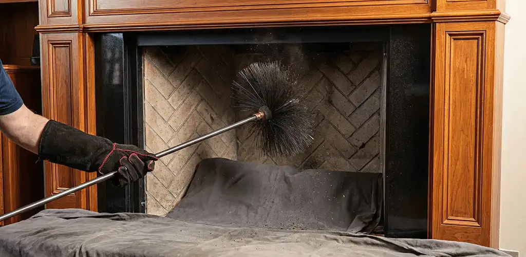 Chimney cleaning service brushing soot from a fireplace and flue in Raleigh, NC