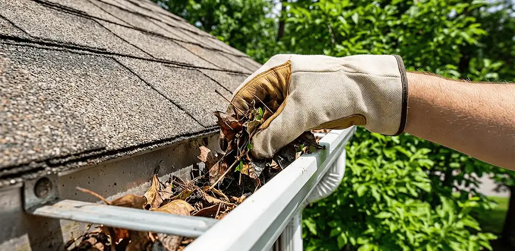 Gutter cleaning removing leaves and debris from roof gutters in Raleigh, NC