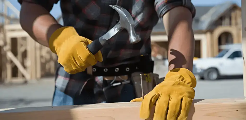 Handyman fixing wood trim with a hammer for home repairs in Raleigh, NC