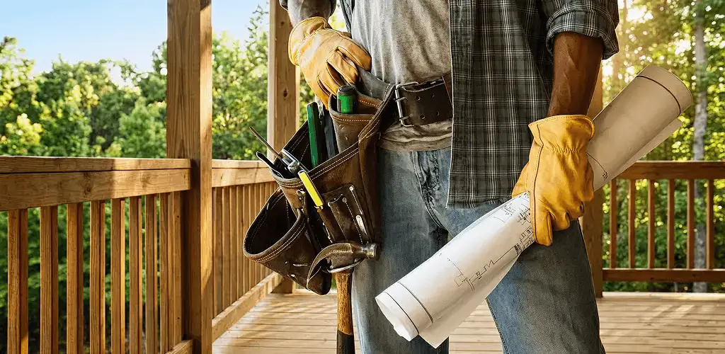 Professional handyman with tool belt ready for home repairs in Raleigh, NC