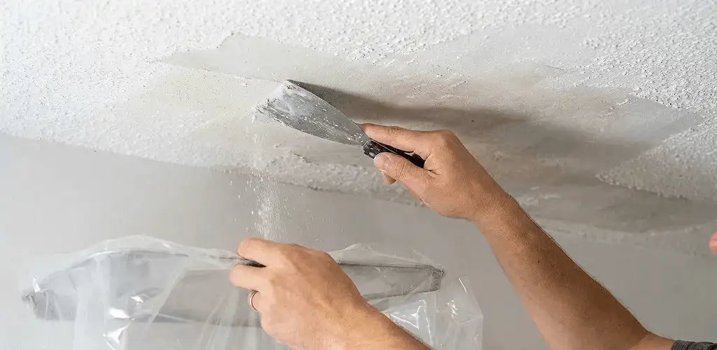 Popcorn ceiling removal technician scraping texture from a ceiling in Raleigh, NC