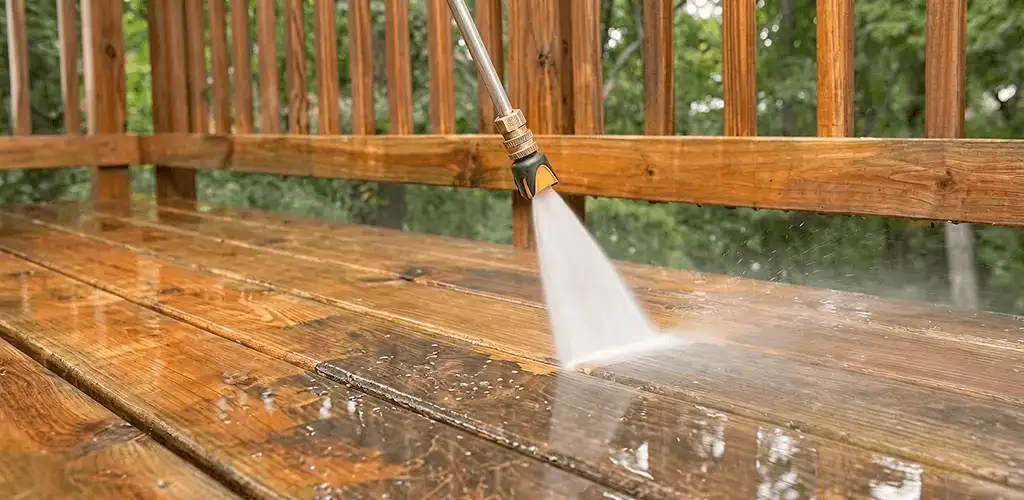 Pressure washing a wood deck to remove dirt and buildup in Raleigh, NC