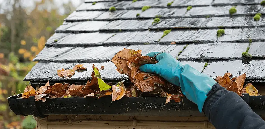 Gutter cleaning technician clearing wet leaves from roof gutters in Raleigh, NC