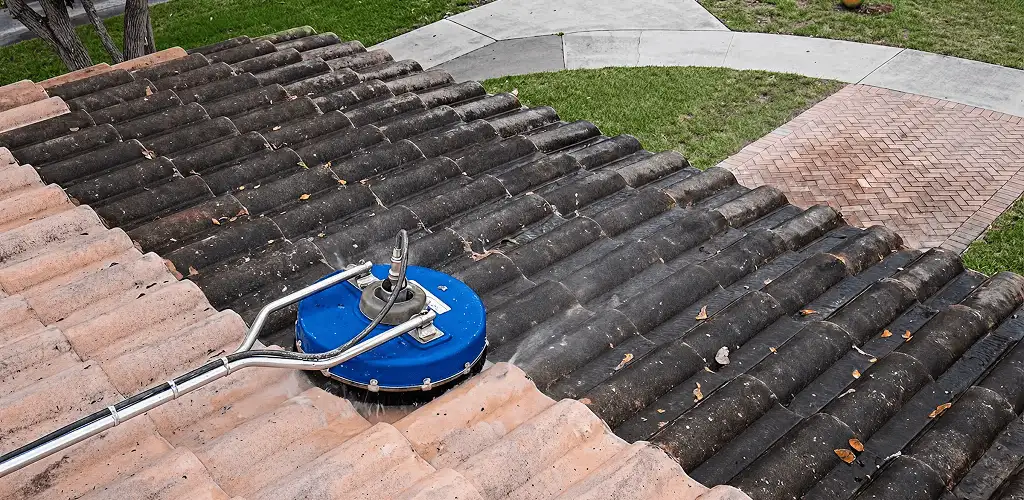 Roof pressure cleaning removing debris and buildup from roof tiles in Raleigh, NC