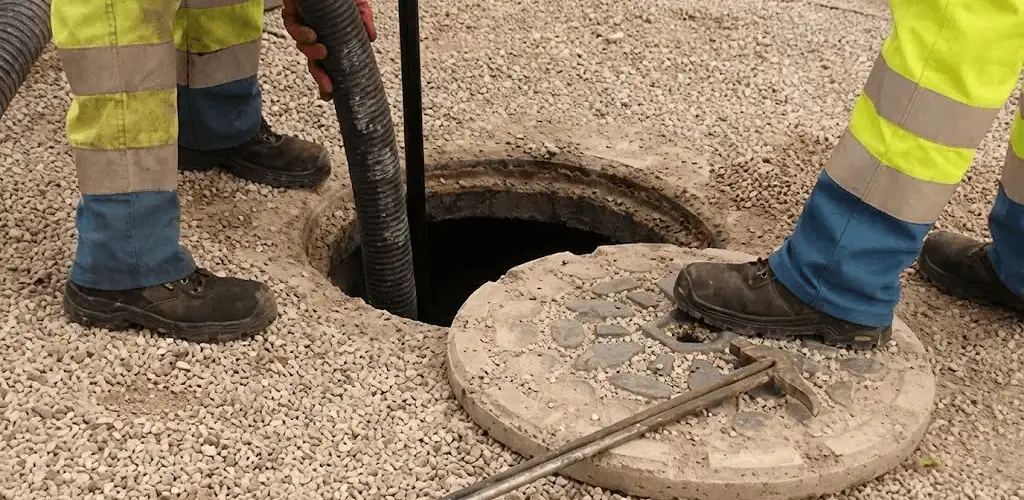 Drain cleaning crew clearing a sewer access point with professional equipment in Raleigh, NC