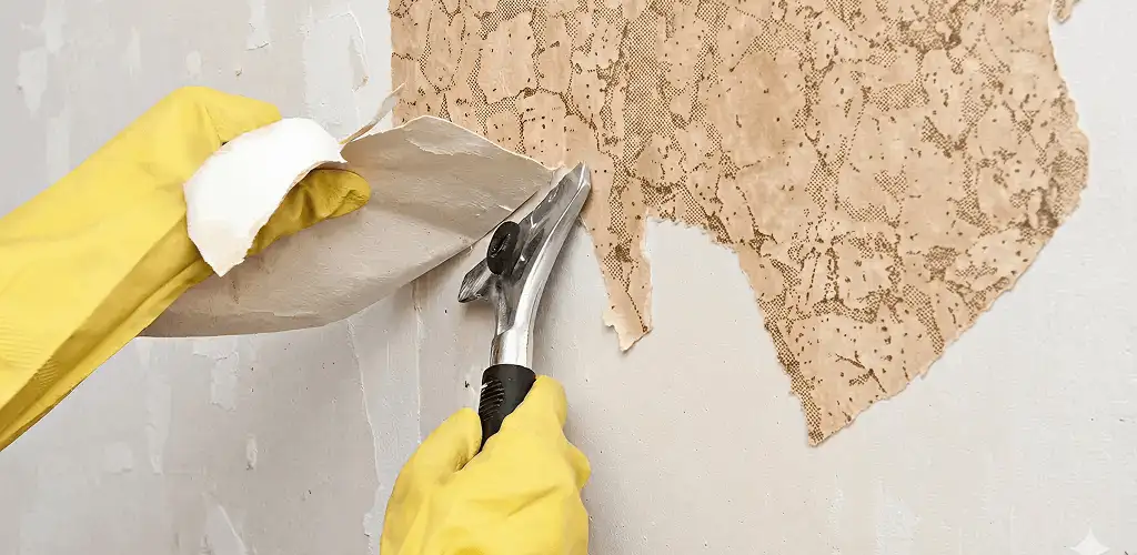 Wallpaper removal service stripping old wallpaper from a wall in Raleigh, NC